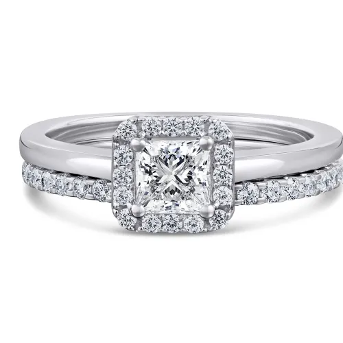 Platinum Diamond Princess Halo Bridal Set - Hyacinth